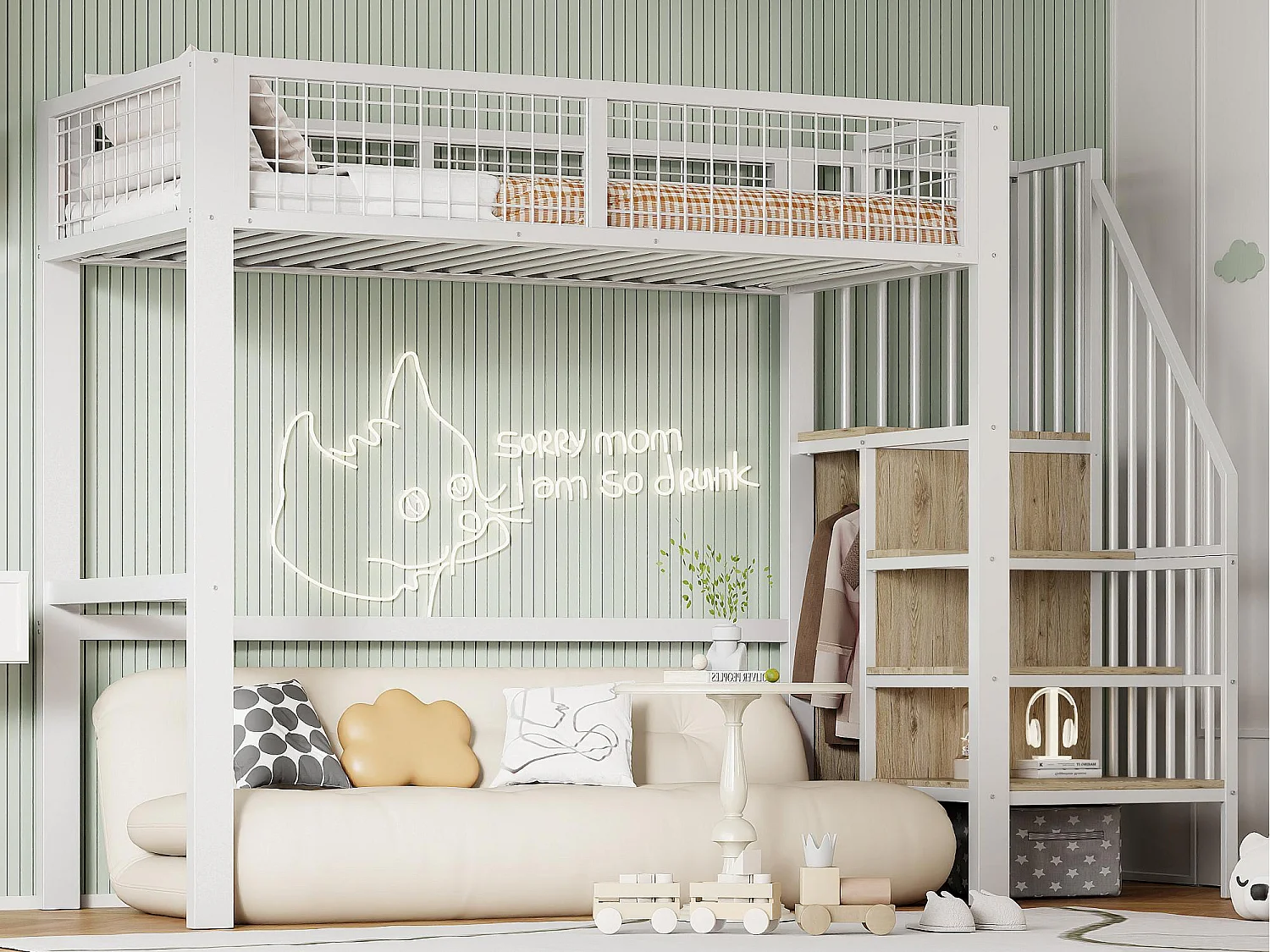 Hoogslaper 90x200 cm met kledingkast en trap - metalen frame - Wit