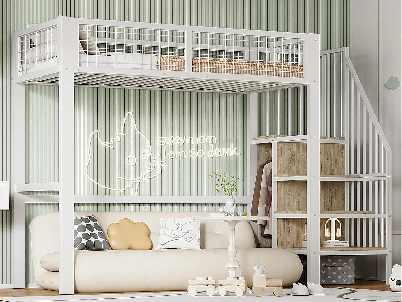 Letto a soppalco 90x200 cm con armadio e scaletta - struttura in metallo - Bianco