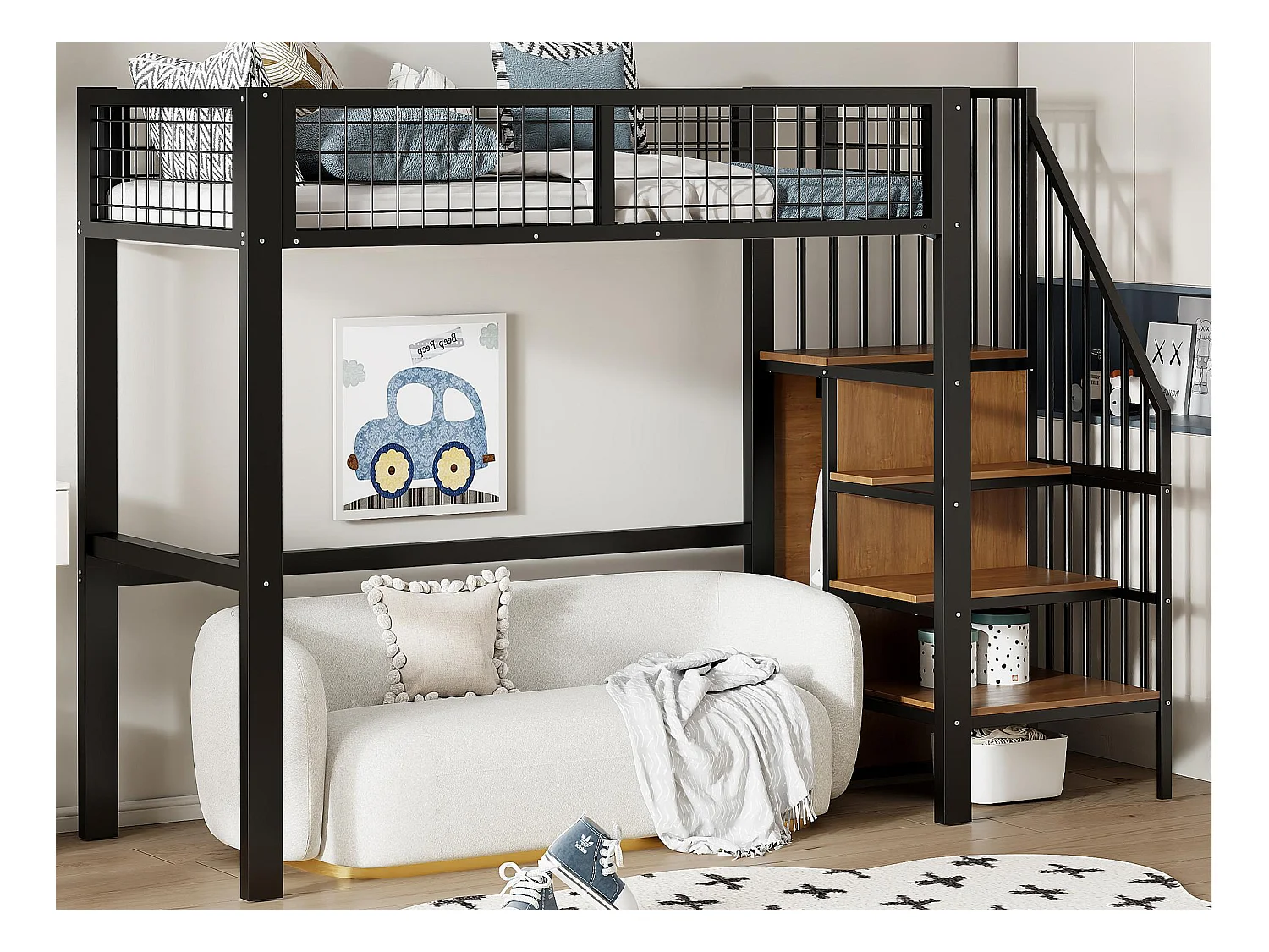 Lit mezzanine 90x200 cm avec armoire et escalier - cadre en métal - Noir