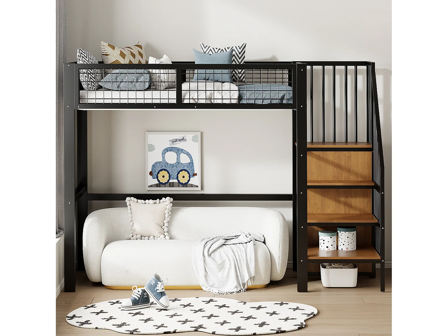 Hoogslaper 90x200 cm met kledingkast en trap - metalen frame - Zwart