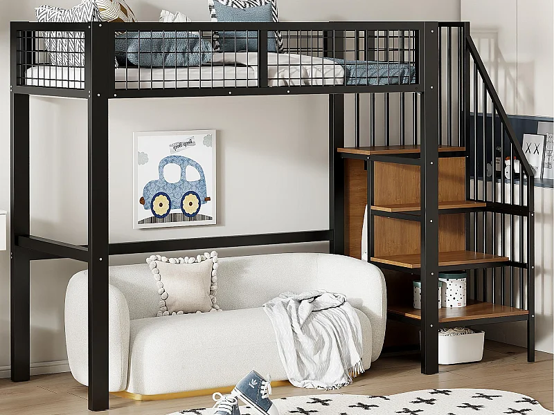 Letto a soppalco 90x200 cm con armadio e scaletta - struttura in metallo - Nero