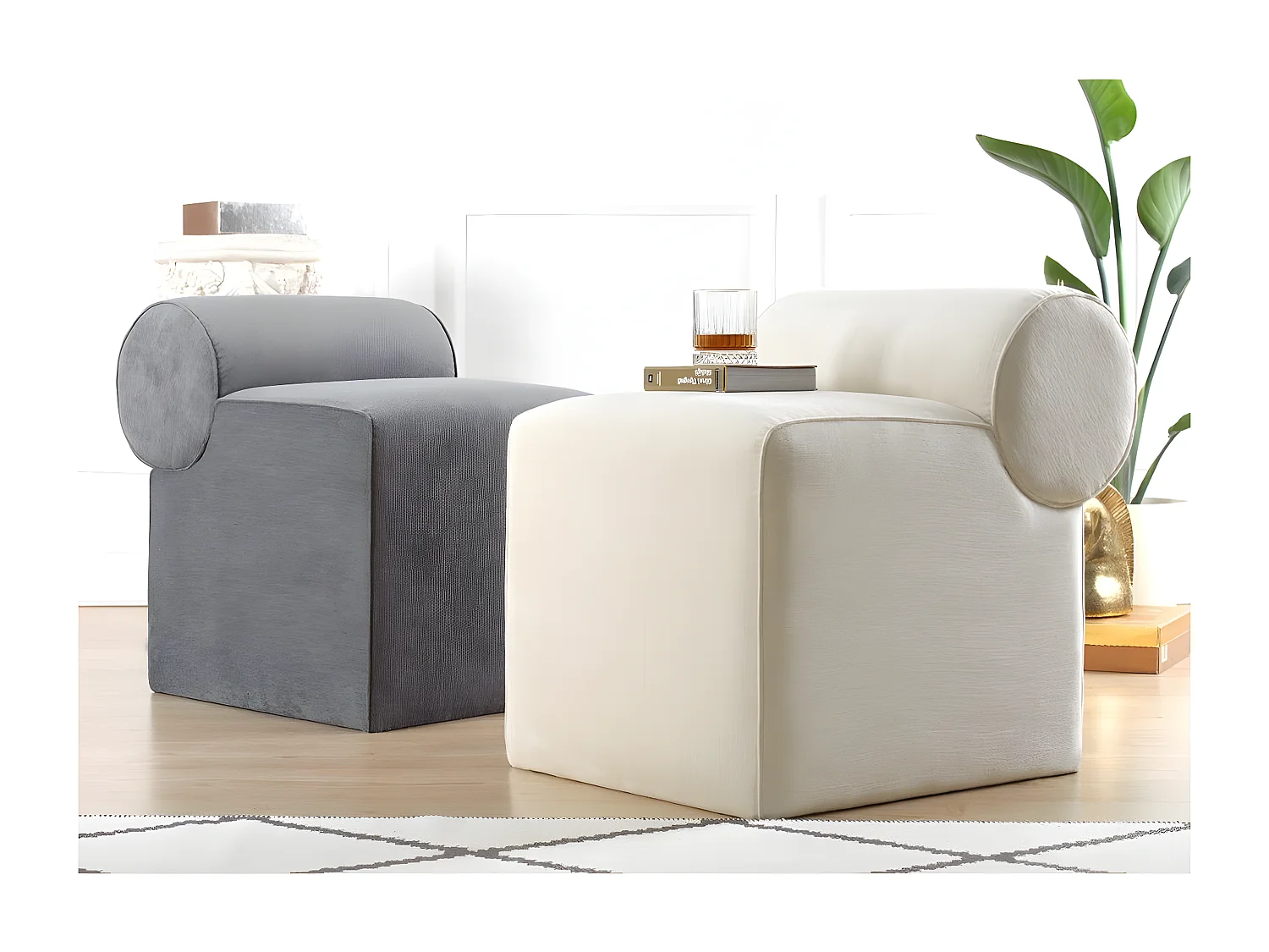 Pouf design Allias 100% Coton Blanc crème