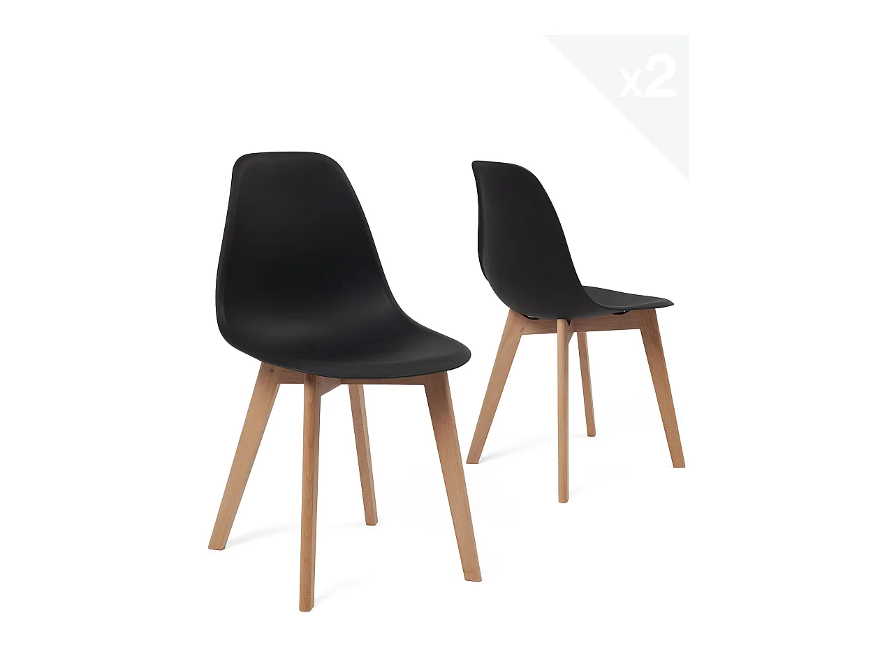 Lot 2 chaises de cuisine scandinaves siège plastique souple pieds bois hêtre clair NAO (noir)