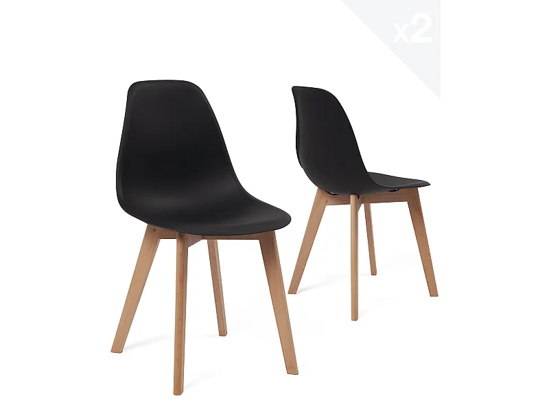 Lot 2 chaises de cuisine scandinaves siège plastique souple pieds bois hêtre clair NAO (noir)