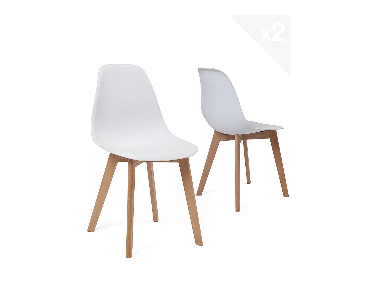 Lot 2 chaises de cuisine scandinaves siège plastique souple pieds bois hêtre clair NAO (blanc)