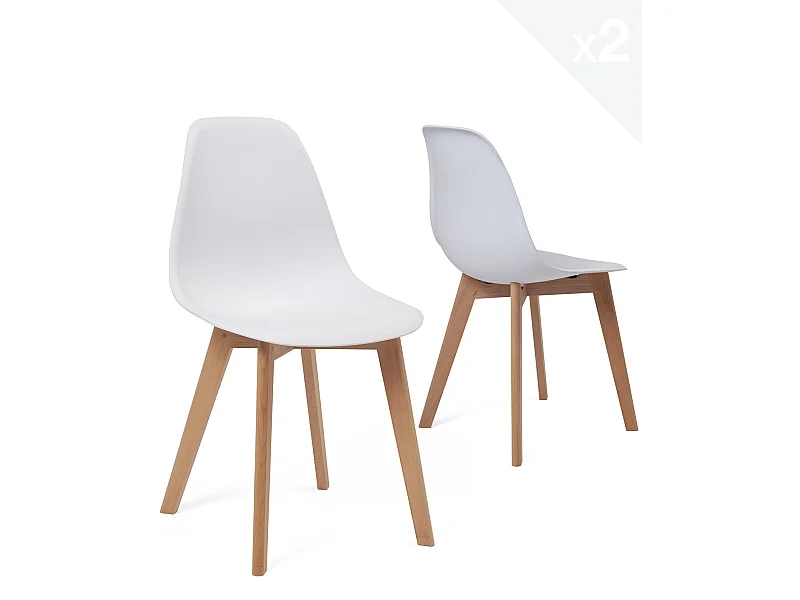 Set van 2 Scandinavische keukenstoelen soepele plastieken zitting lichte beukenhouten poten NAO (wit)