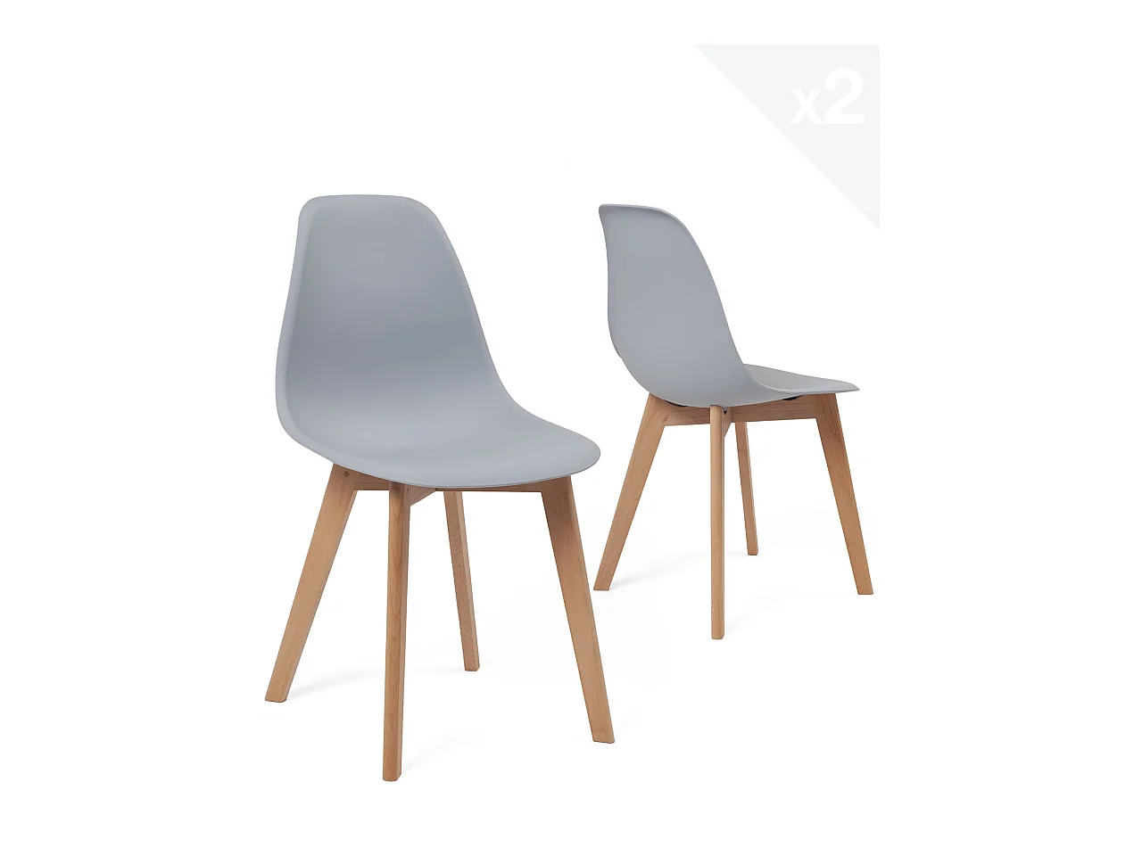 Lot 2 chaises de cuisine scandinaves siège plastique souple pieds bois hêtre clair NAO (gris)