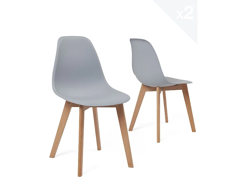 Lot 2 chaises de cuisine scandinaves siège plastique souple pieds bois hêtre clair NAO (gris)