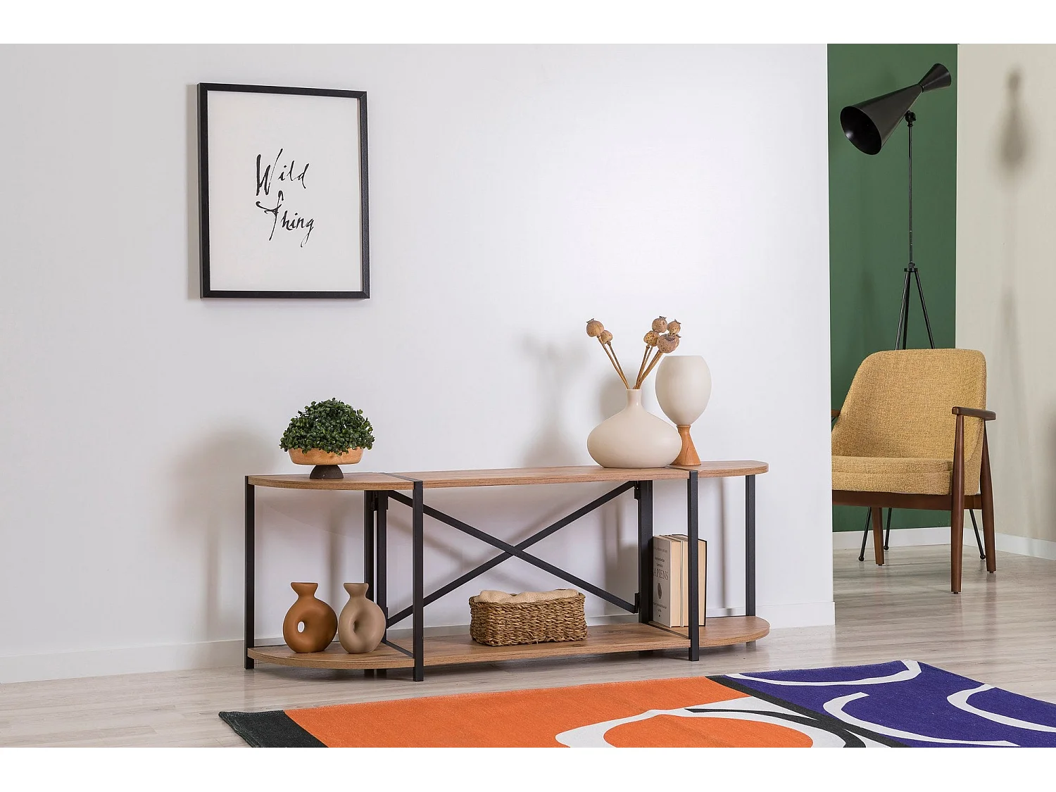 Móvel de TV – 138 x 47 x 35 cm – Pinho Atlântico e Preto – Metal e painel de partículas