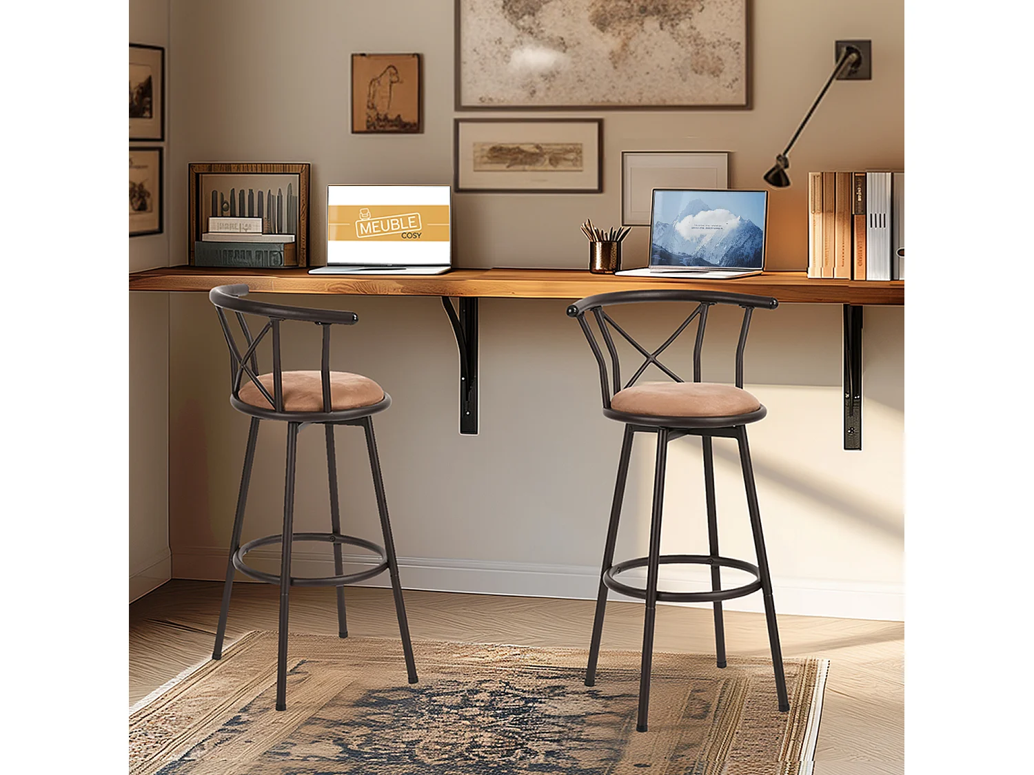 MEUBLES COSY Lot de 4 Chaises de Bar pivotant sur 360°, Tabourets Hauts Vintage, avec Dossier et Repose-Pieds, Siège de 75,5 cm de Haut, Style Industriel, Marron