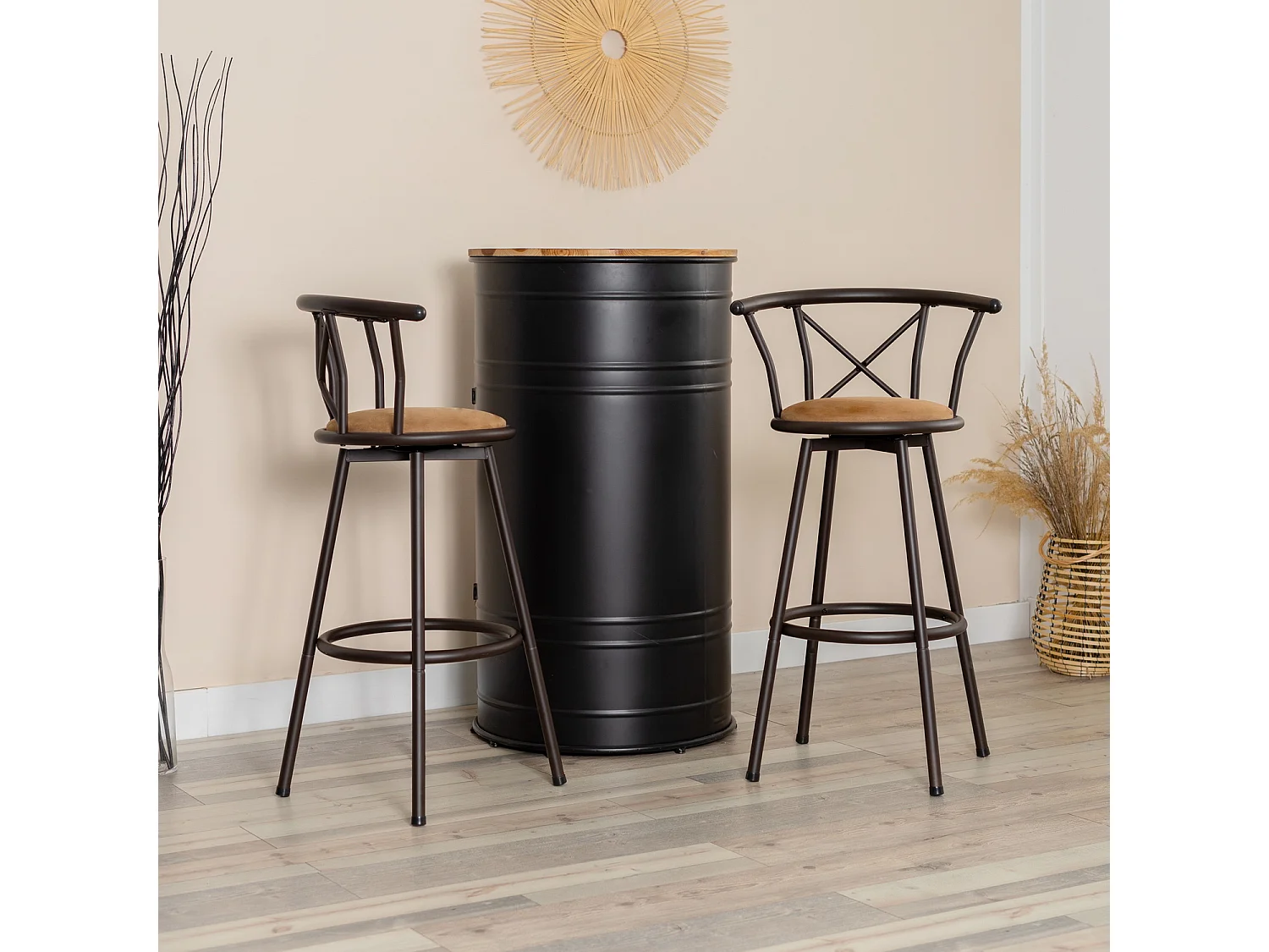 MEUBLES COSY Lot de 4 Chaises de Bar pivotant sur 360°, Tabourets Hauts Vintage, avec Dossier et Repose-Pieds, Siège de 75,5 cm de Haut, Style Industriel, Marron