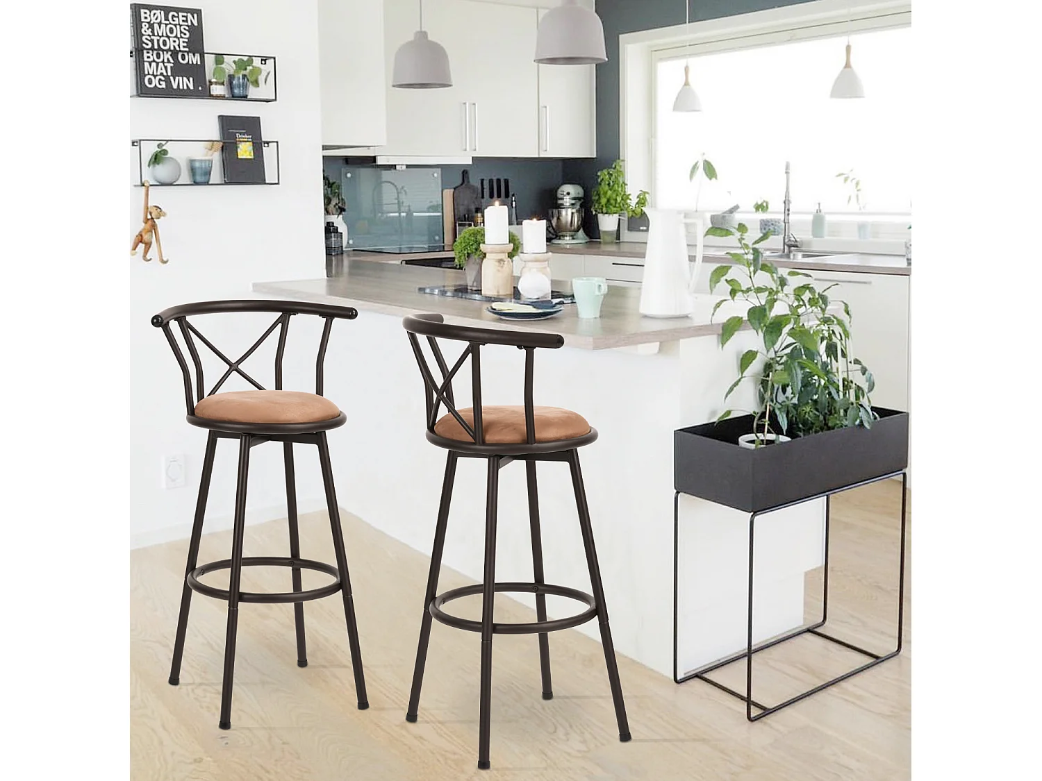 MEUBLES COSY Lot de 4 Chaises de Bar pivotant sur 360°, Tabourets Hauts Vintage, avec Dossier et Repose-Pieds, Siège de 75,5 cm de Haut, Style Industriel, Marron