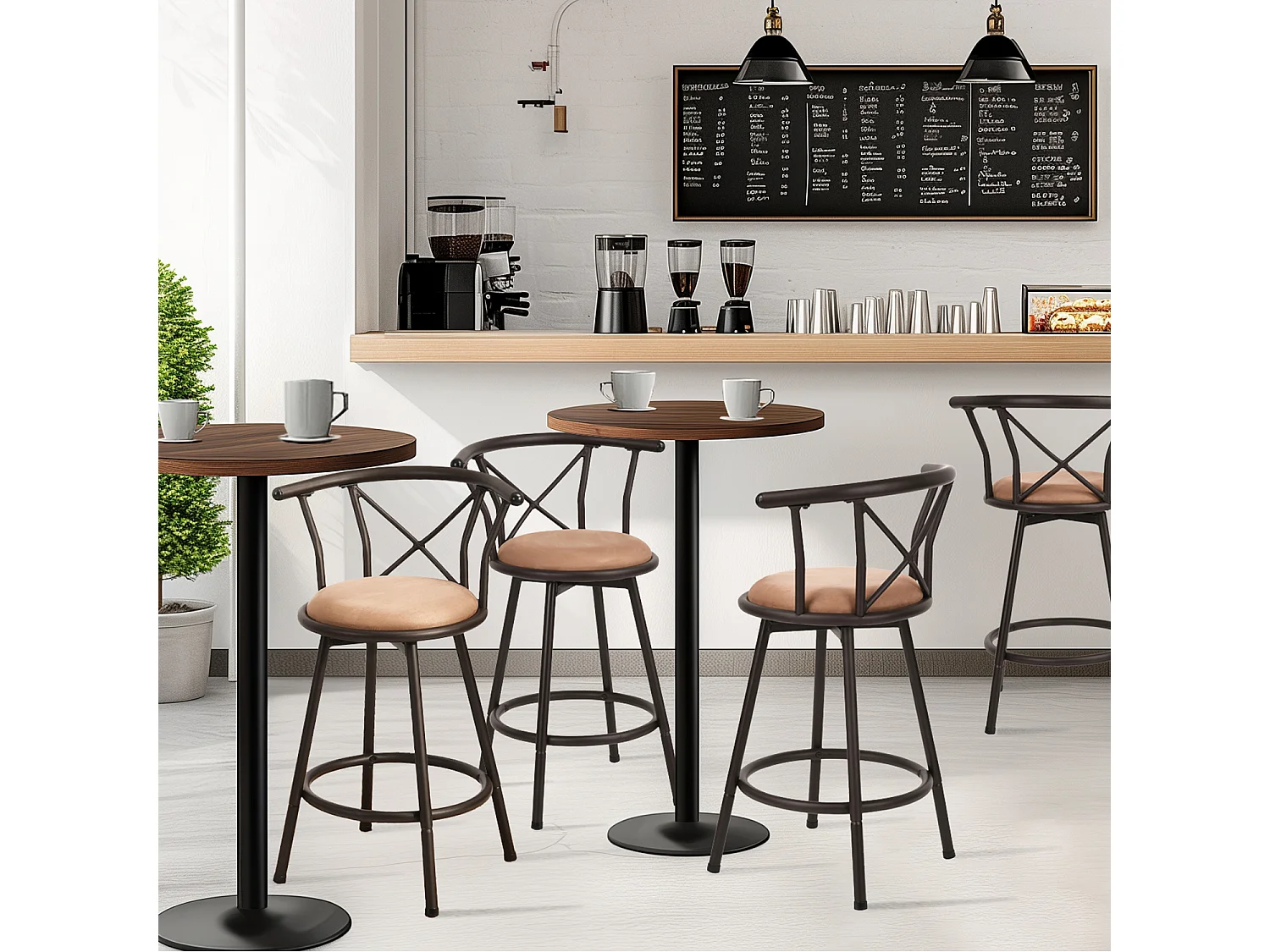 MEUBLES COSY Lot de 4 Chaises de Bar pivotant sur 360°, Tabourets Hauts Vintage, avec Dossier et Repose-Pieds, Siège de 63 cm de Haut, Style Industriel, Marron