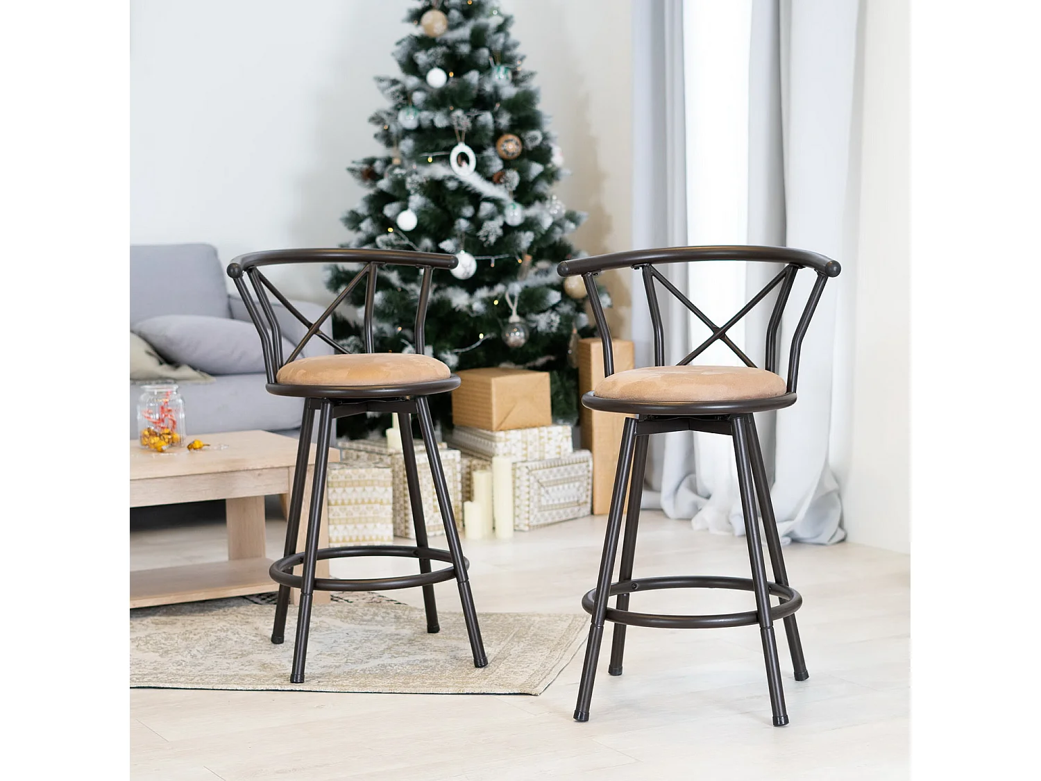 MEUBLES COSY Lot de 4 Chaises de Bar pivotant sur 360°, Tabourets Hauts Vintage, avec Dossier et Repose-Pieds, Siège de 63 cm de Haut, Style Industriel, Marron