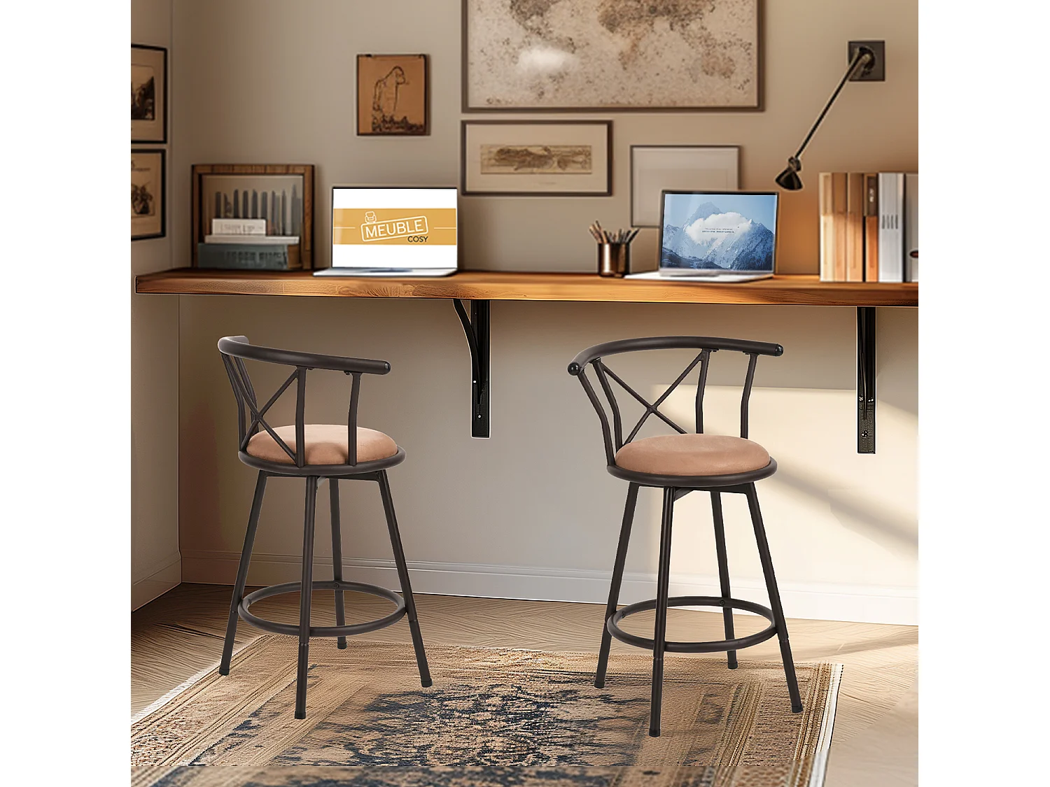 MEUBLES COSY Lot de 4 Chaises de Bar pivotant sur 360°, Tabourets Hauts Vintage, avec Dossier et Repose-Pieds, Siège de 63 cm de Haut, Style Industriel, Marron