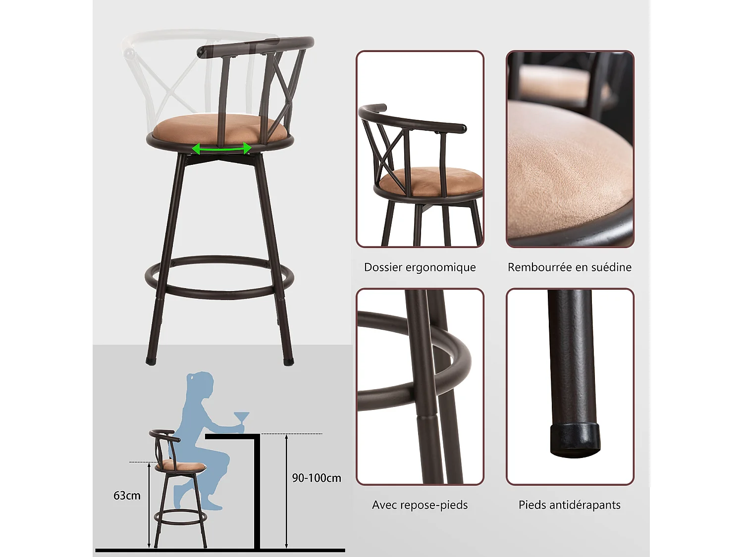 MEUBLES COSY Lot de 4 Chaises de Bar pivotant sur 360°, Tabourets Hauts Vintage, avec Dossier et Repose-Pieds, Siège de 63 cm de Haut, Style Industriel, Marron