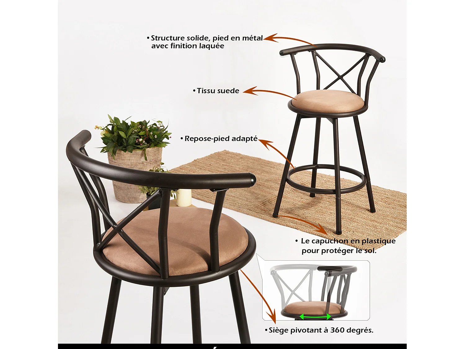MEUBLES COSY Lot de 4 Chaises de Bar pivotant sur 360°, Tabourets Hauts Vintage, avec Dossier et Repose-Pieds, Siège de 63 cm de Haut, Style Industriel, Marron
