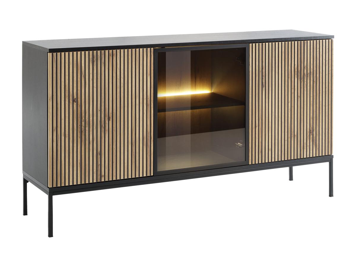 Sideboard - 3 Türen - mit LED-Beleuchtung - MDF & Rauchglas - Schwarz & Hol günstig online kaufen