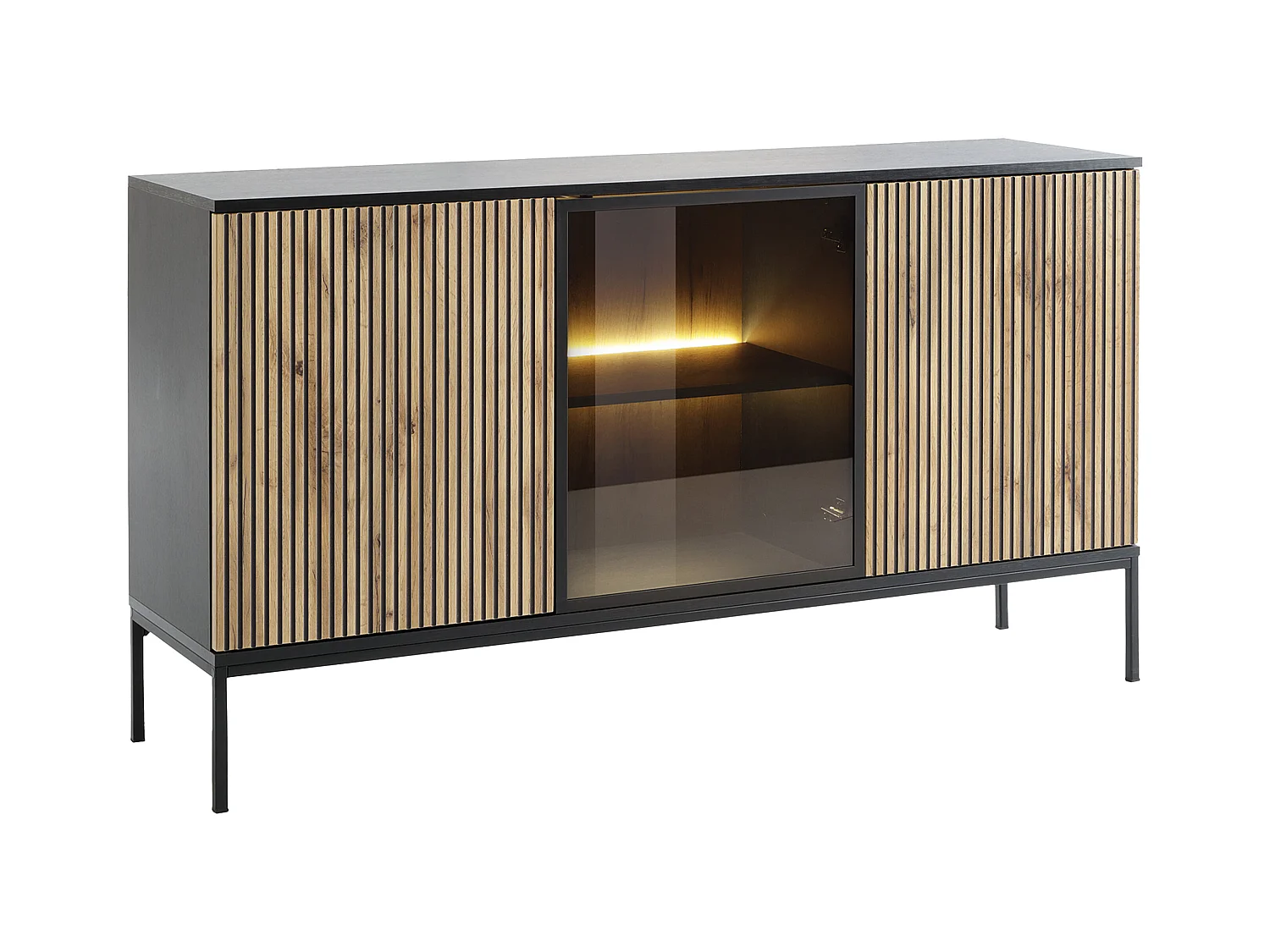 Buffet 3 portes avec LEDs en MDF et verre fumé - Noir et Naturel - OVILA