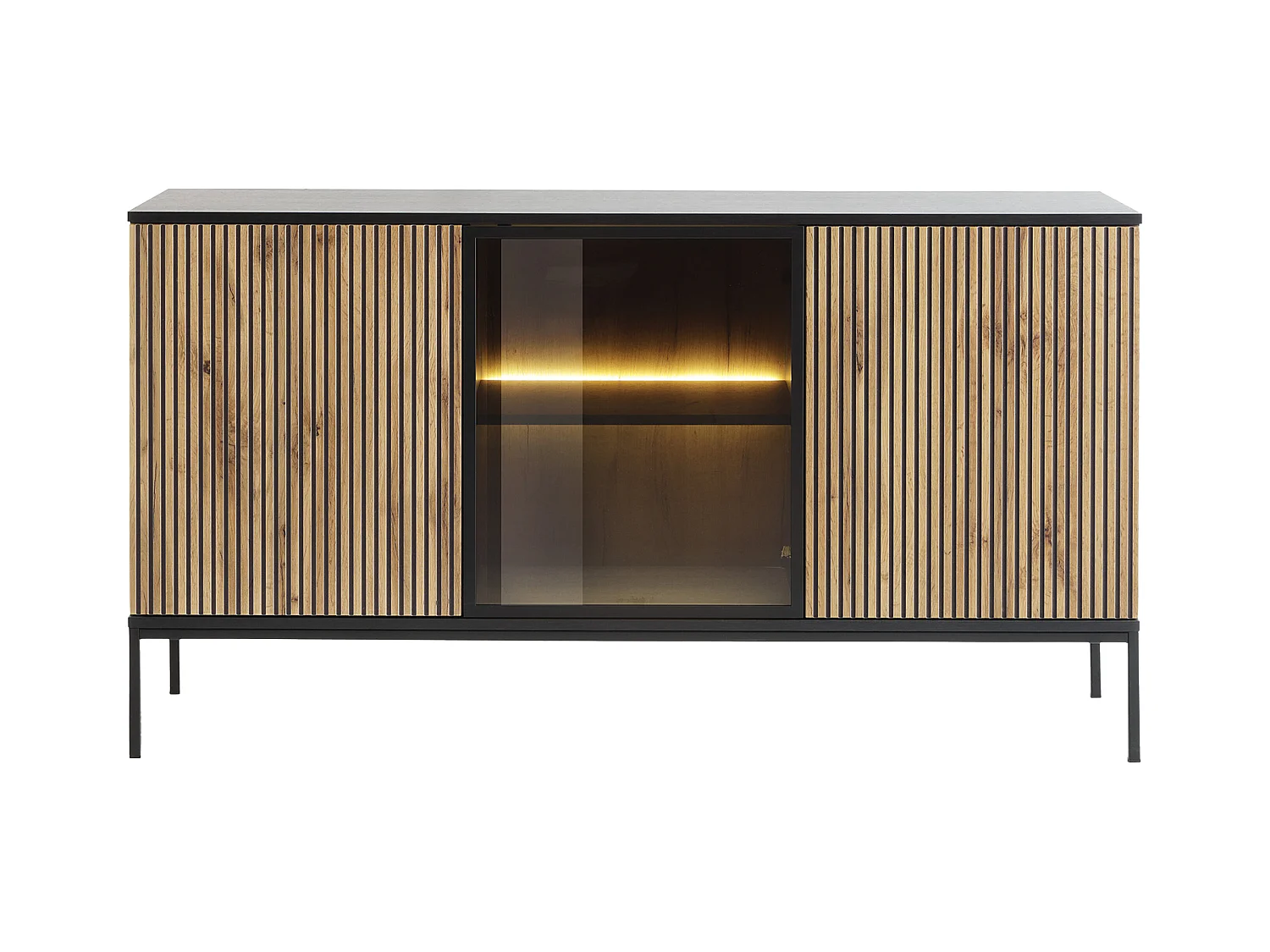 Buffet 3 portes avec LEDs en MDF et verre fumé - Noir et Naturel - OVILA