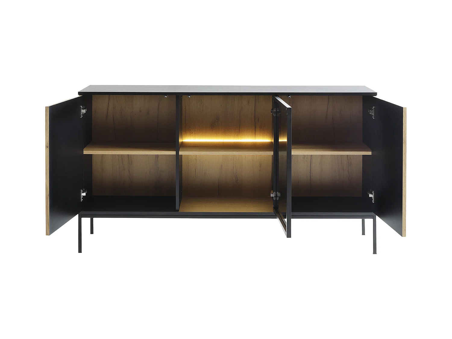 Buffet 3 portes avec LEDs en MDF et verre fumé - Noir et Naturel - OVILA