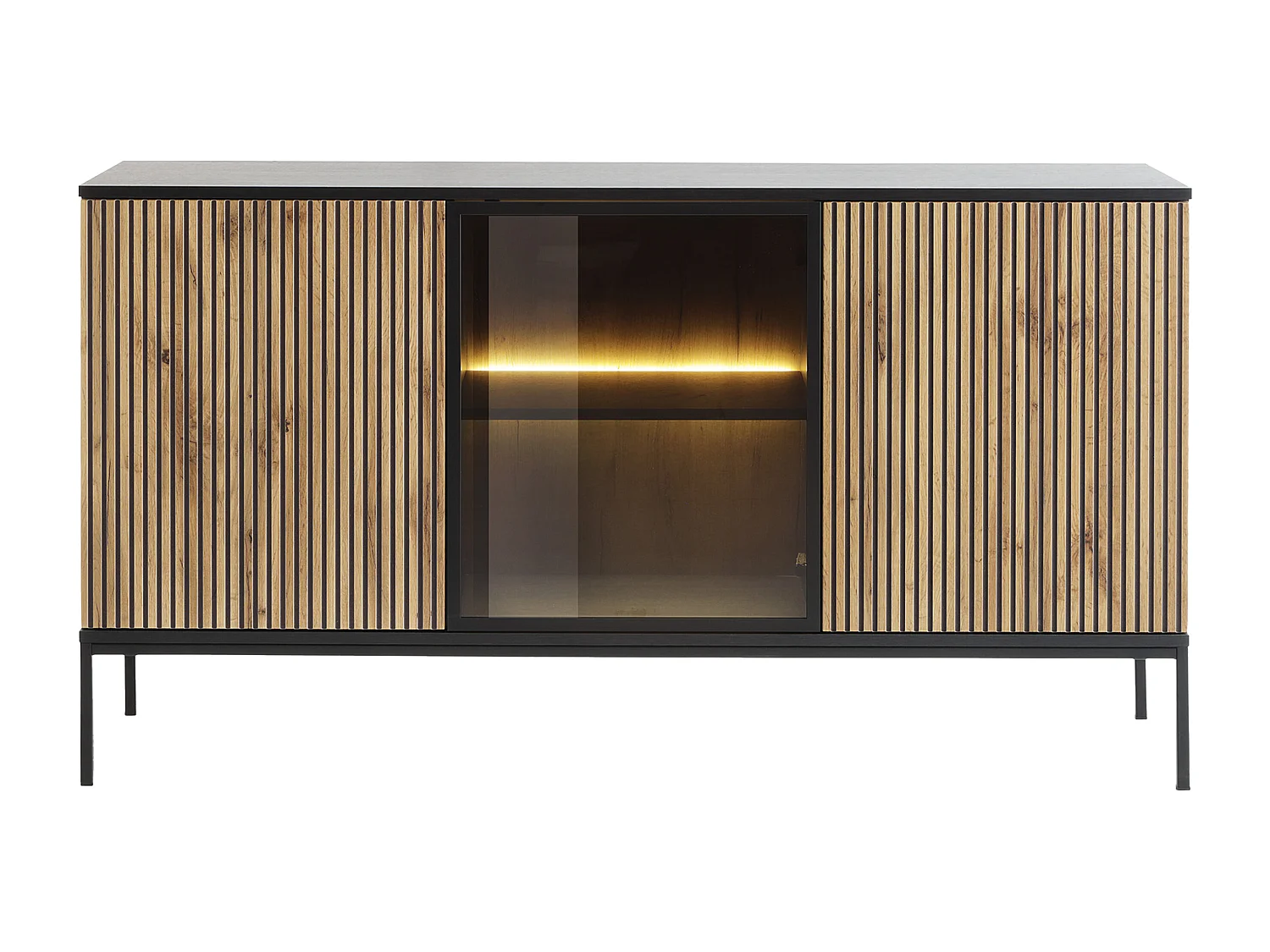 Aparador 3 portas com LEDs em MDF e vidro fumado preto e natural - OVILA