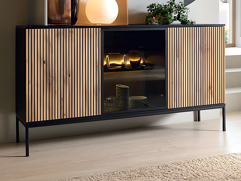 Buffet 3 portes avec LEDs en MDF et verre fumé - Noir et Naturel - OVILA