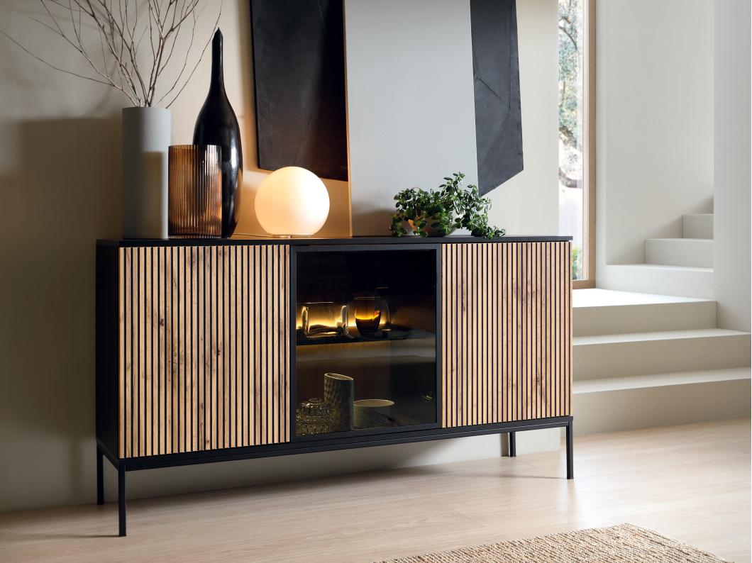 Credenza 3 ante con LED in MDF e Vetro fumé Nero e Naturale - OVILA