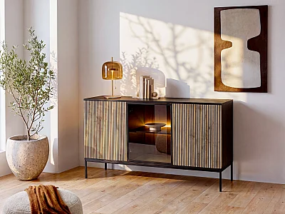 Sideboard - 3 Türen - mit LED-Beleuchtung - MDF & Rauchglas - Schwarz & Holzfarben - OVILA