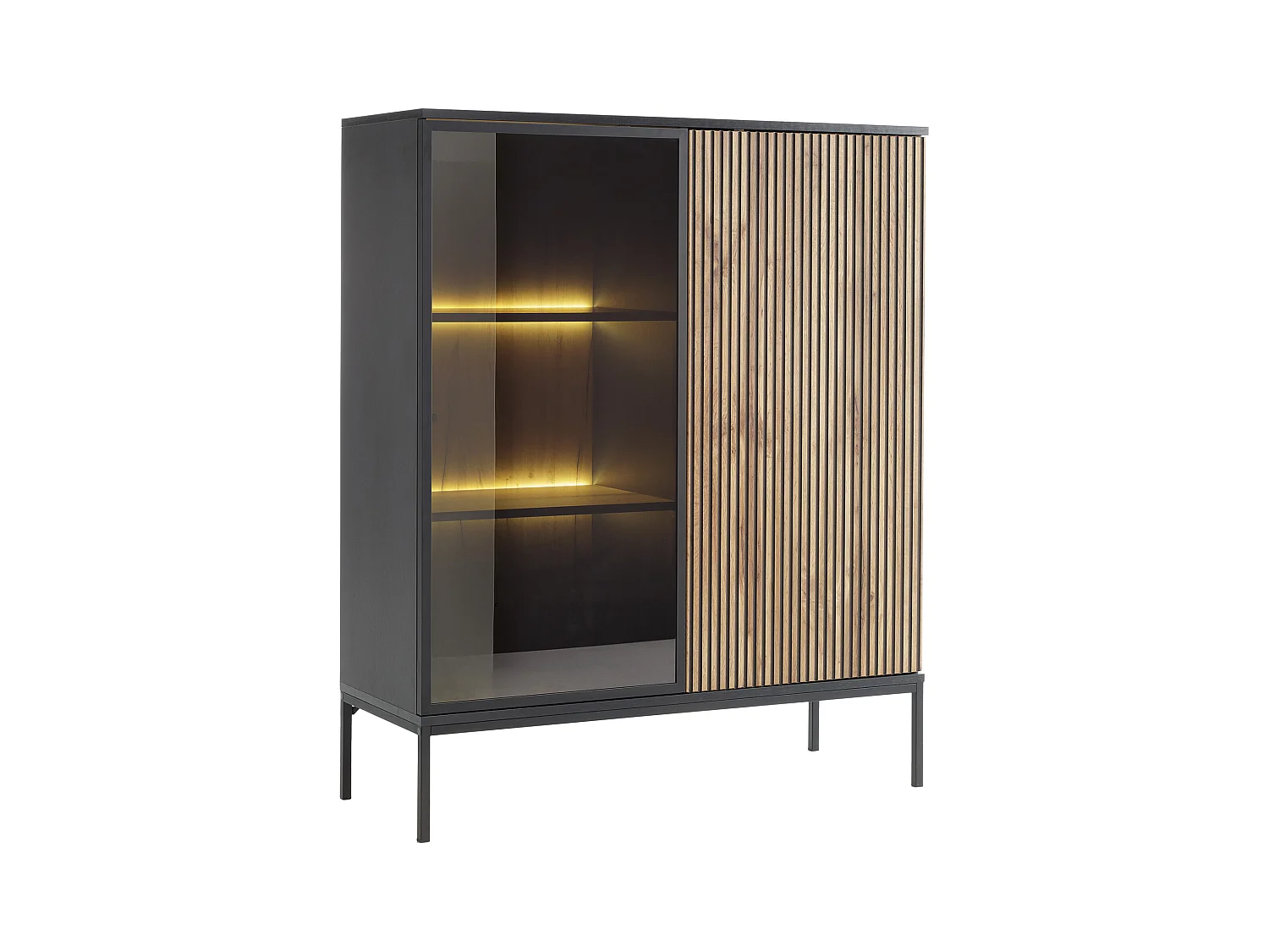 Vitrinenschrank - 2 Türen - mit LED-Beleuchtung - MDF & Rauchglas - Schwarz & Holzfarben - OVILA