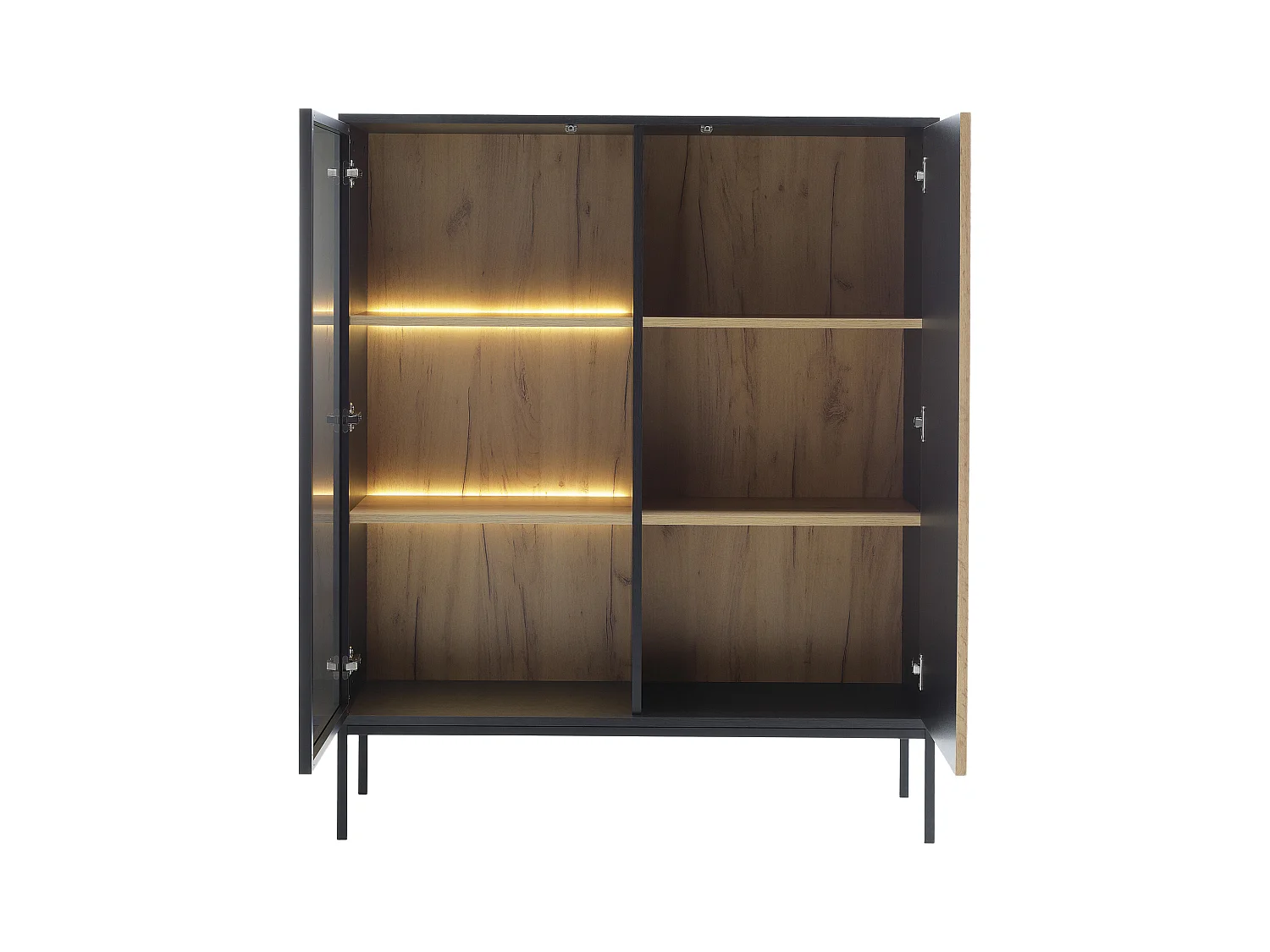 Vitrinenschrank - 2 Türen - mit LED-Beleuchtung - MDF & Rauchglas - Schwarz & Holzfarben - OVILA