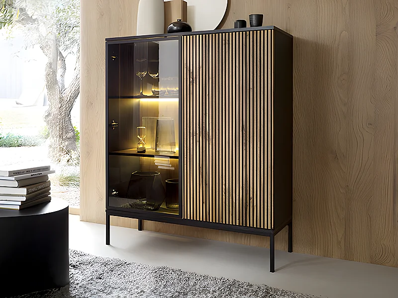 Vitrina 2 portas com LEDs MDF e vidro fumado preto e natural - OVILA