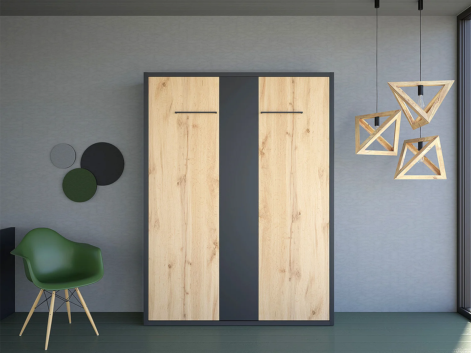 Schrankbett - 160 x 200 cm - Manuelle vertikale Öffnung - Anthrazit & Holzfarben - MALINA II