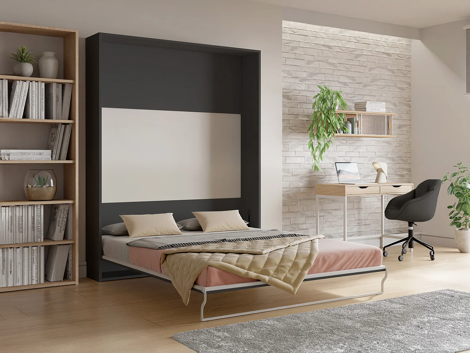 Vægskab med seng 160 x 200 cm - Manuel lodret åbning - Antracit og naturlig - MALINA II