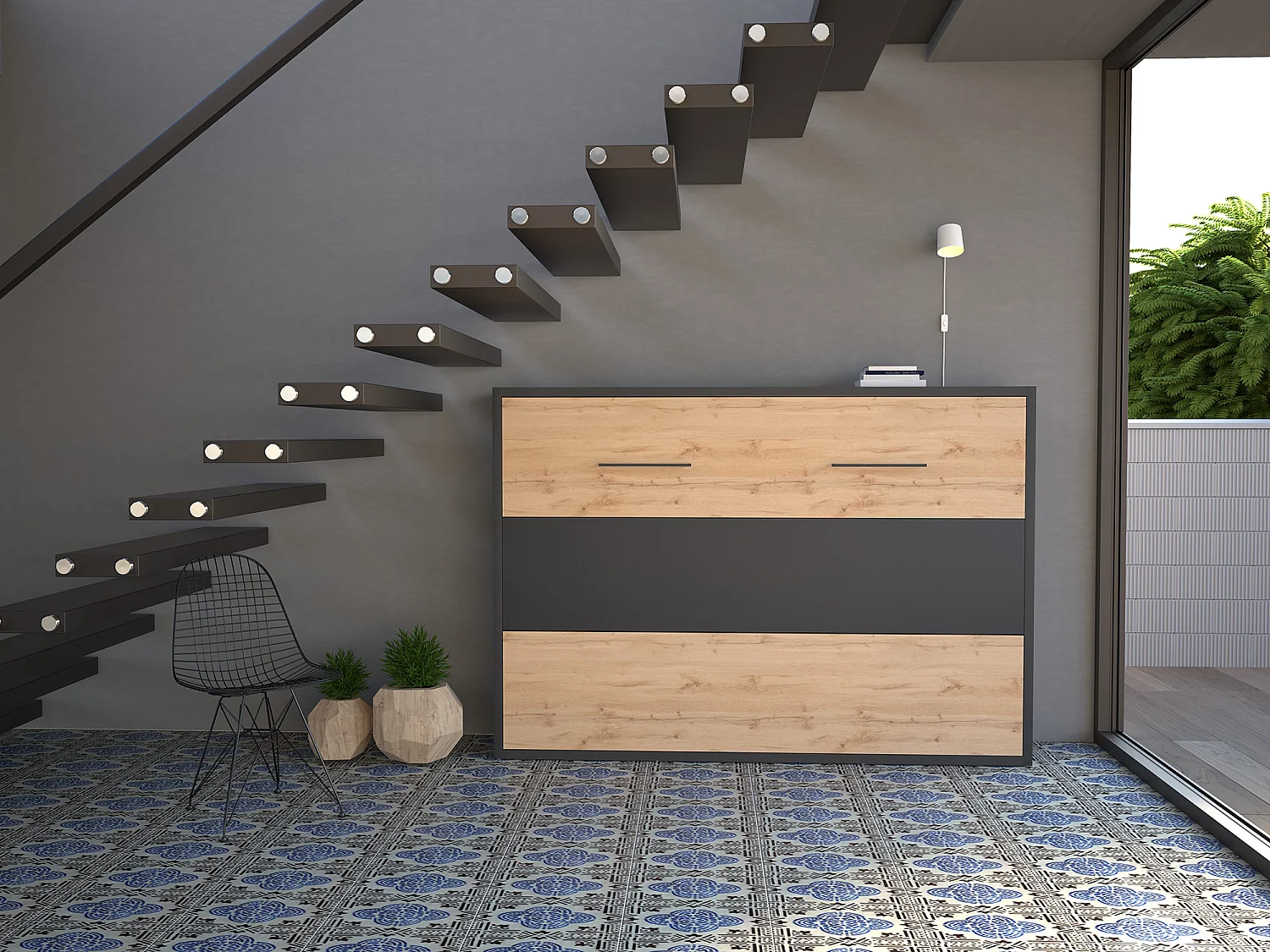 Lit escamotable 140 x 200 cm - Ouverture horizontale manuelle - Anthracite et naturel - MALINA II