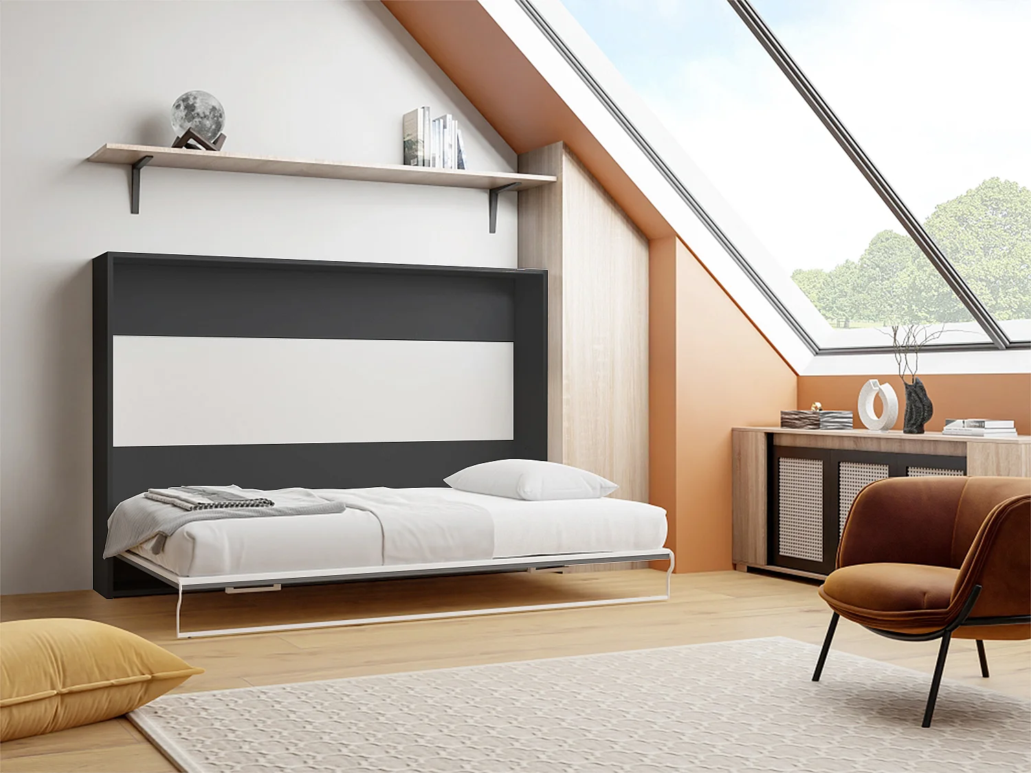 Bedkast 140 x 200 cm - Handmatige horizontale opening - Donkergrijs en houtlook - MALINA II