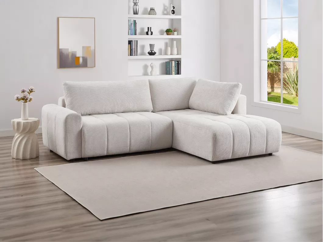 Kauf Unique Ecksofa mit Schlaffunktion - Ecke rechts - Strukturstoff - Beige - RICIA