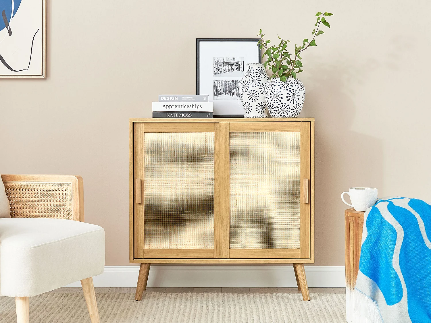 Sideboard Spanholz Brett Rattan Geflecht 2 Tür mit Regalen Schlafzimmer Aufbewahrungslösung helles Holz Hodgen