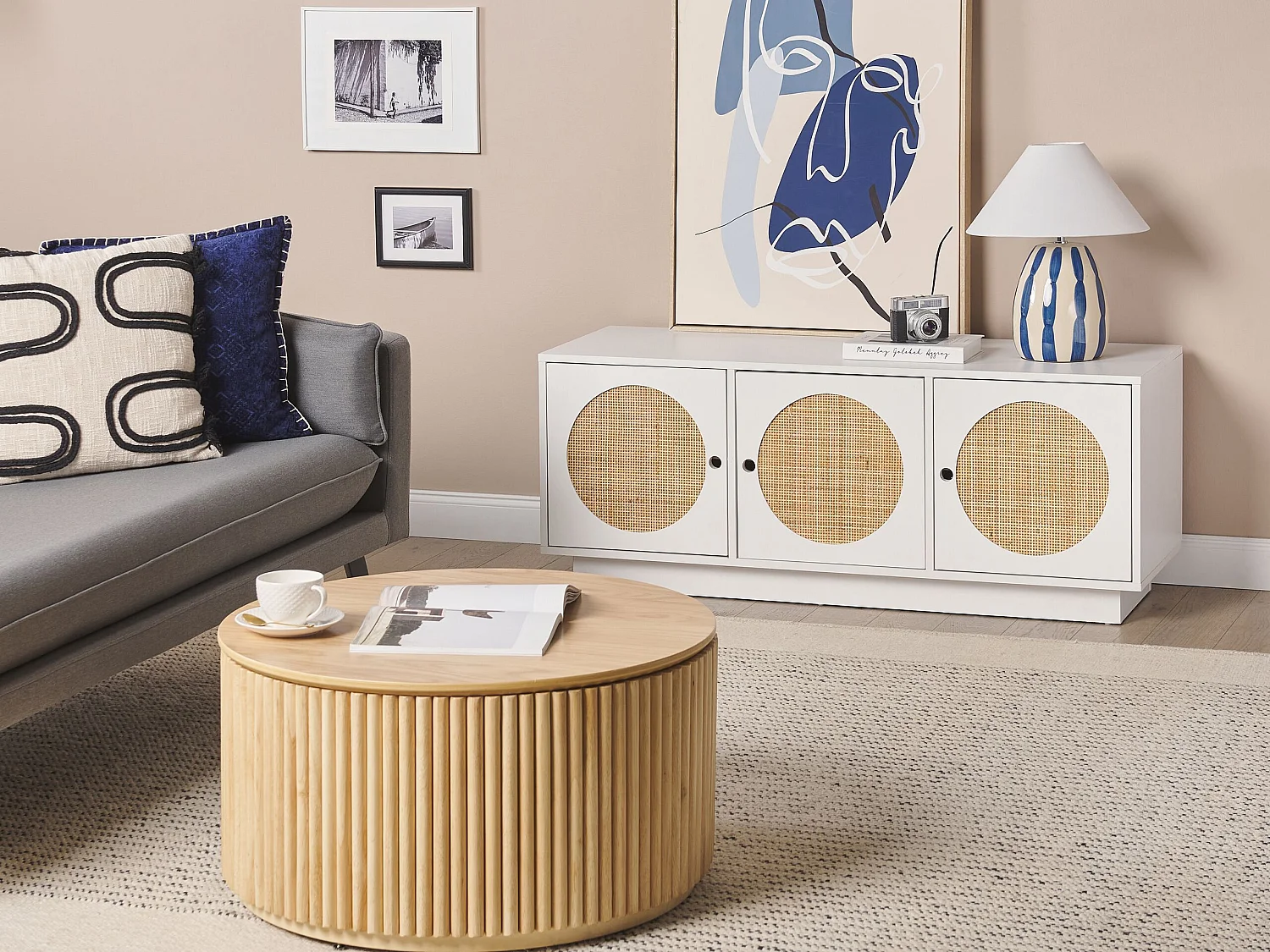 Sideboard Rattan weiß / beige 3 Türen 120 x 40 x 40 cm moderne Kommode