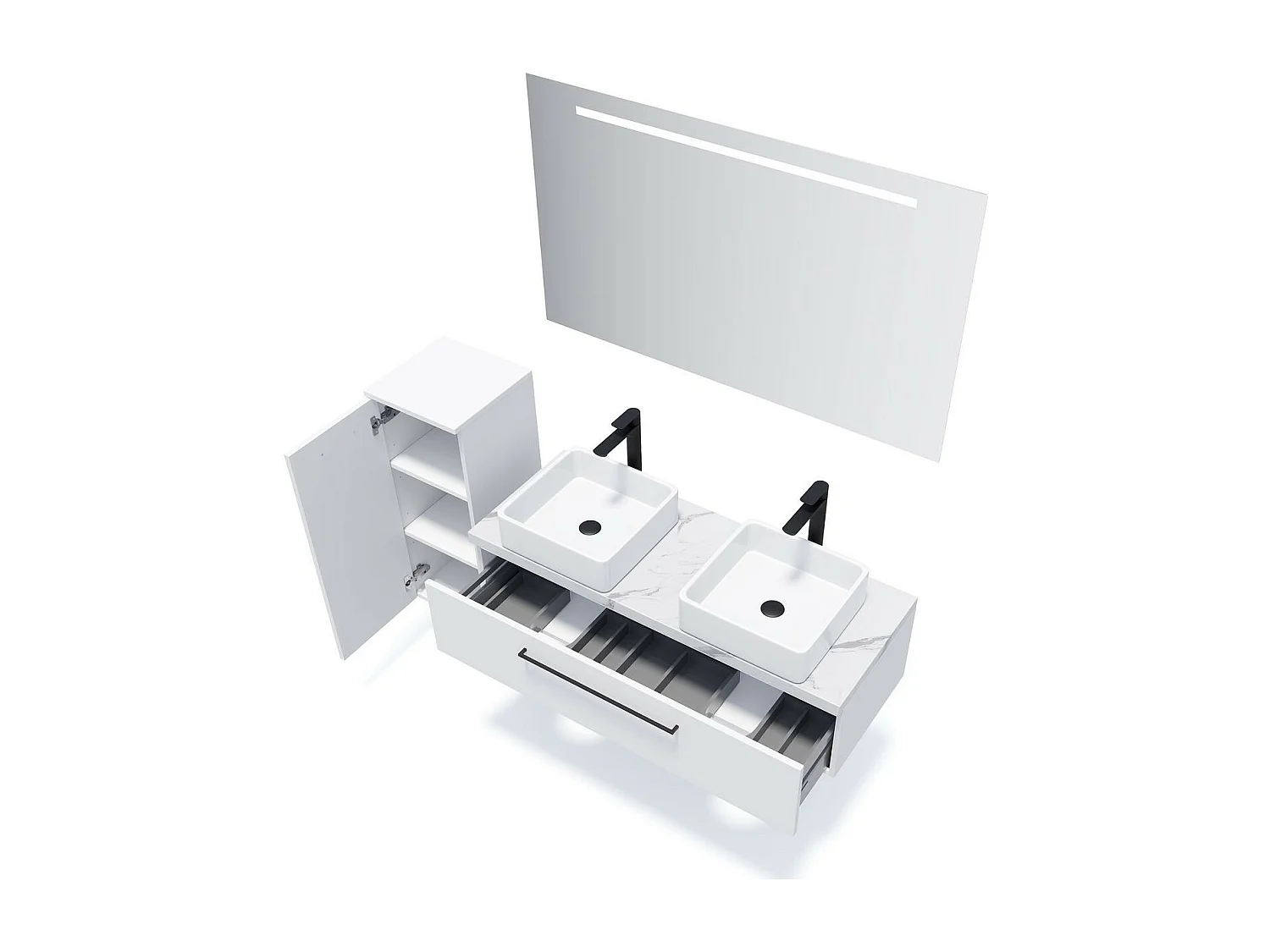 Meuble de salle de bain suspendu 2 vasques à poser 120cm 1 tiroir Blanc - Glasgow