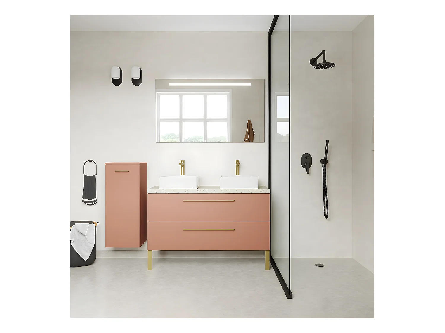 Meuble de salle de bain suspendu 2 vasques à poser 120cm 2 tiroirs Abricot - Glasgow