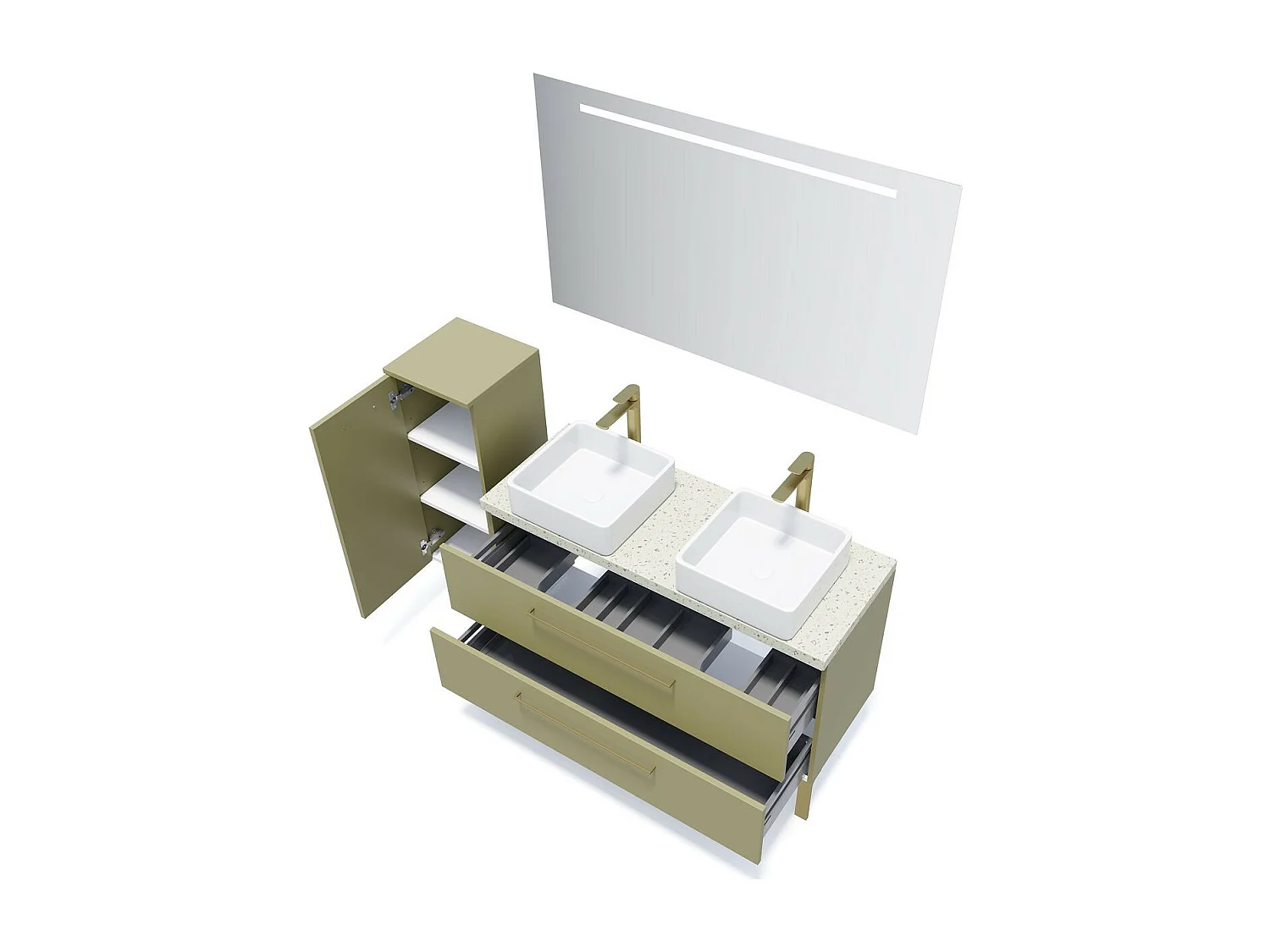 Meuble de salle de bain suspendu 2 vasques à poser 120cm 2 tiroirs Vert olive - Glasgow