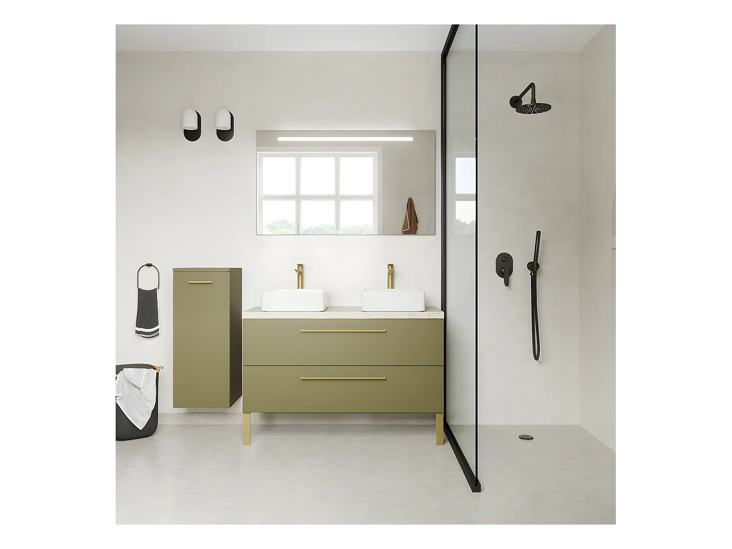 Meuble de salle de bain suspendu 2 vasques à poser 120cm 2 tiroirs Vert olive - Glasgow