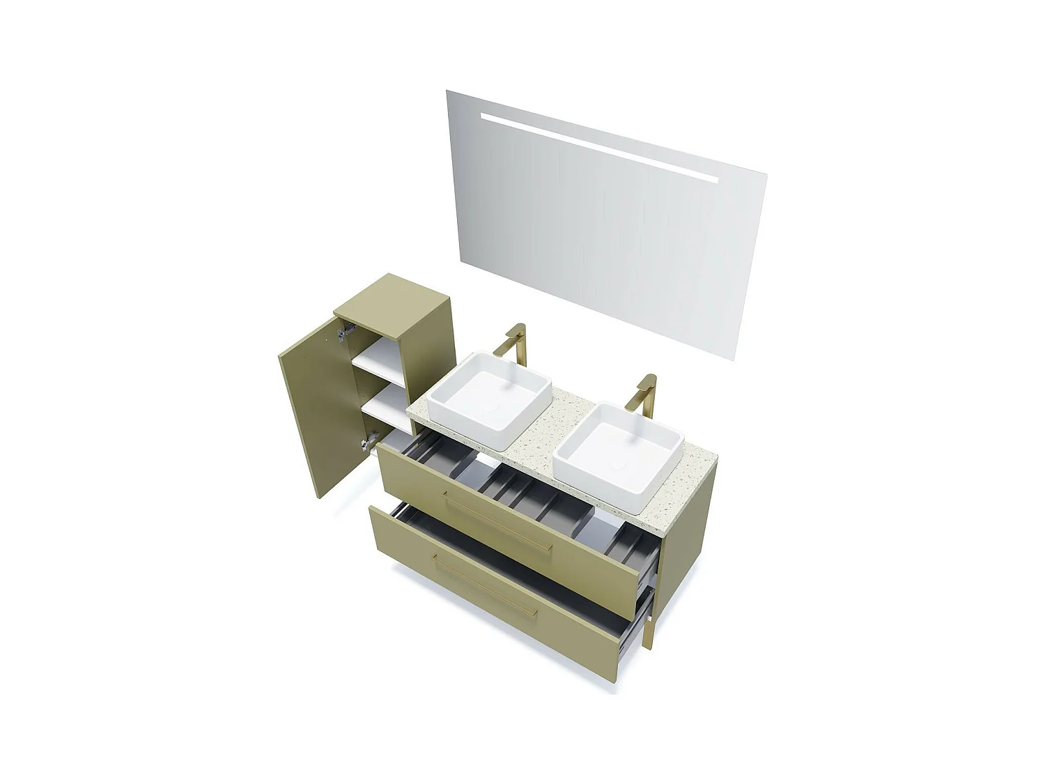 Meuble de salle de bain suspendu 2 vasques à poser 120cm 2 tiroirs Vert olive - Glasgow