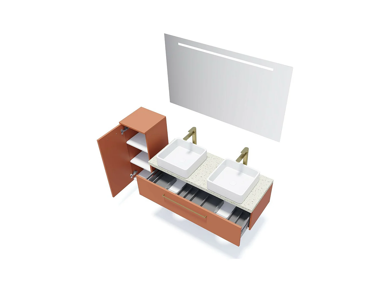 Meuble de salle de bain suspendu 2 vasques à poser 120cm 1 tiroir Terracotta - Glasgow