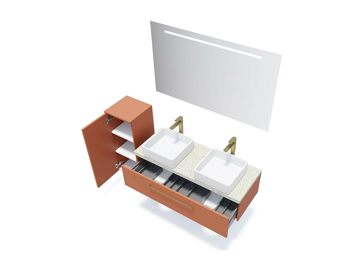 Meuble de salle de bain suspendu 2 vasques à poser 120cm 1 tiroir Terracotta - Glasgow