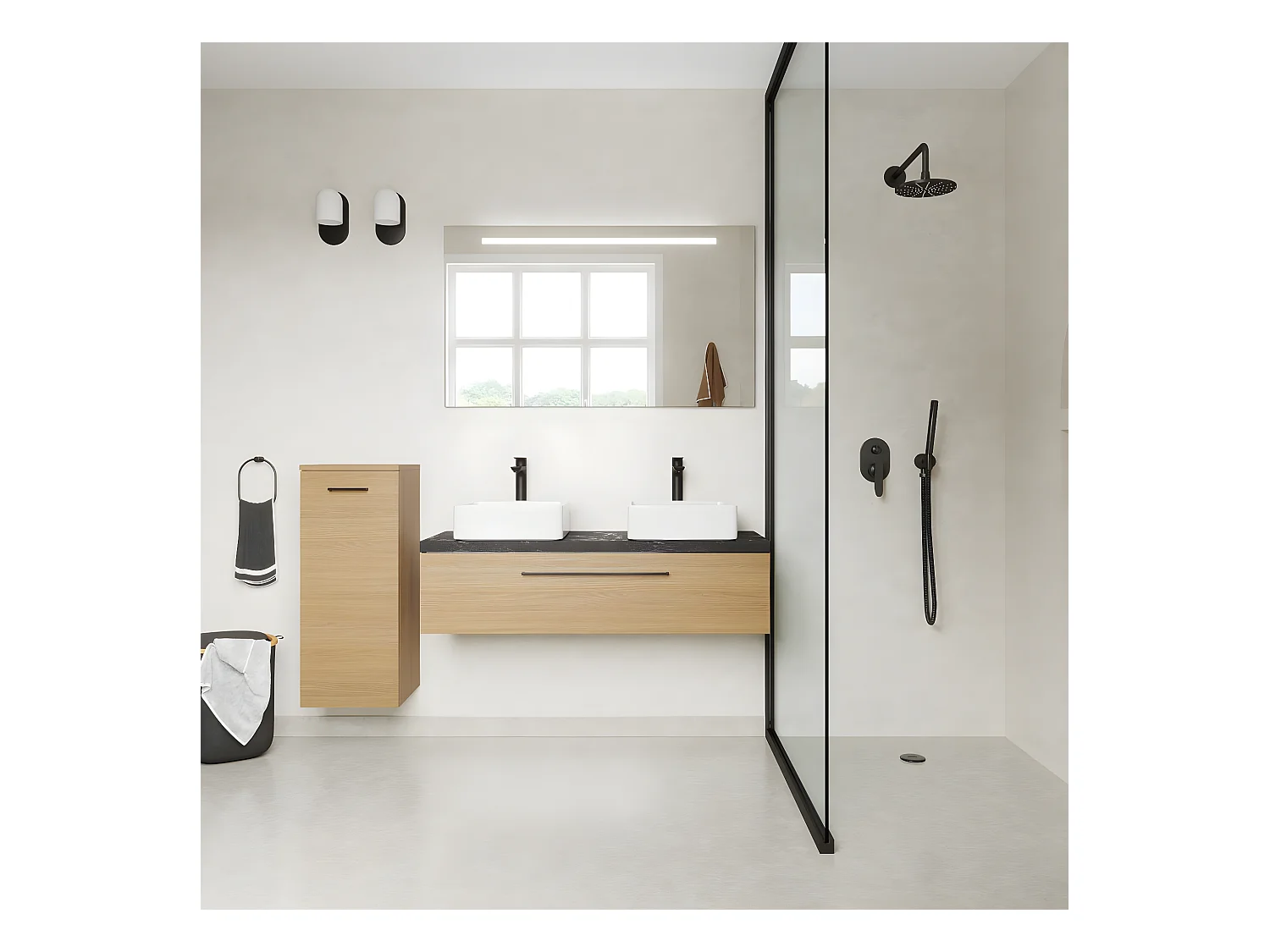 Meuble de salle de bain suspendu 2 vasques à poser 120cm 1 tiroir Chêne clair - Glasgow