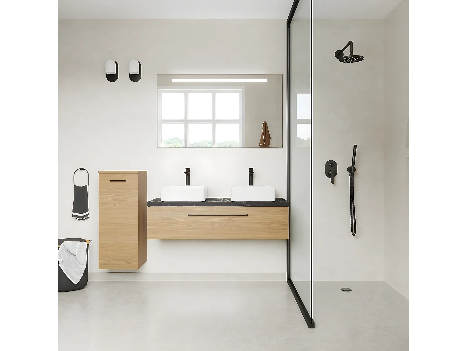 Meuble de salle de bain suspendu 2 vasques à poser 120cm 1 tiroir Chêne clair - Glasgow