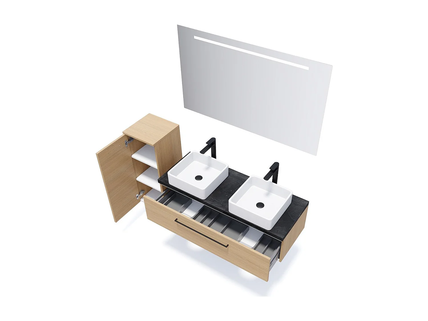 Meuble de salle de bain suspendu 2 vasques à poser 120cm 1 tiroir Chêne clair - Glasgow