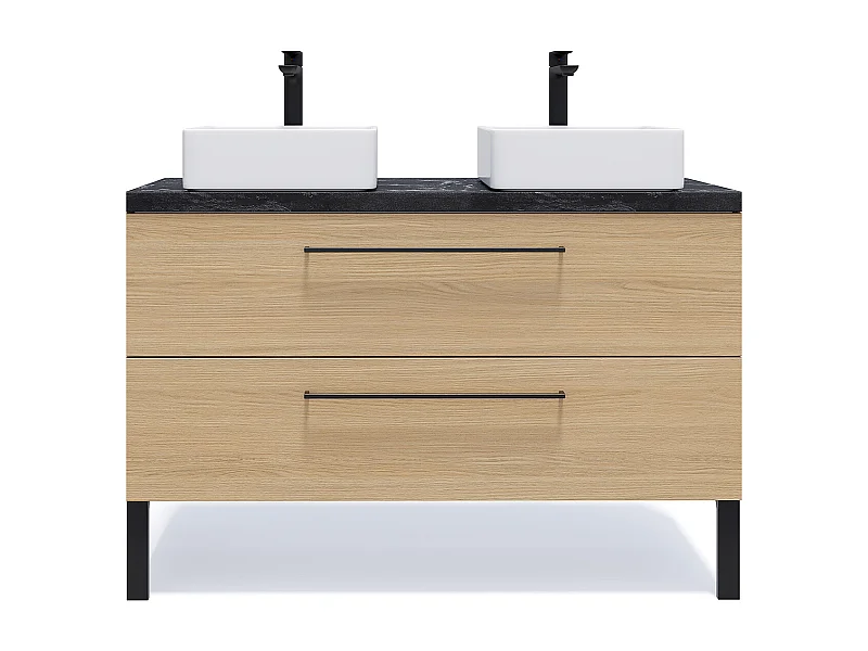 Meuble de salle de bain suspendu 2 vasques à poser 120cm 2 tiroirs Chêne clair - Glasgow